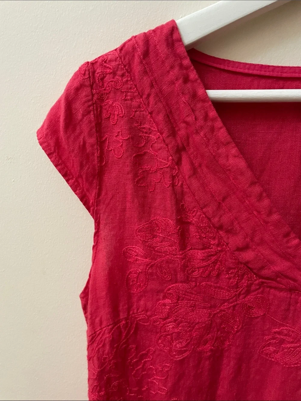 Linen V-Neck Embroidered Cap-Sleeve Dress - Picture 5 of 9